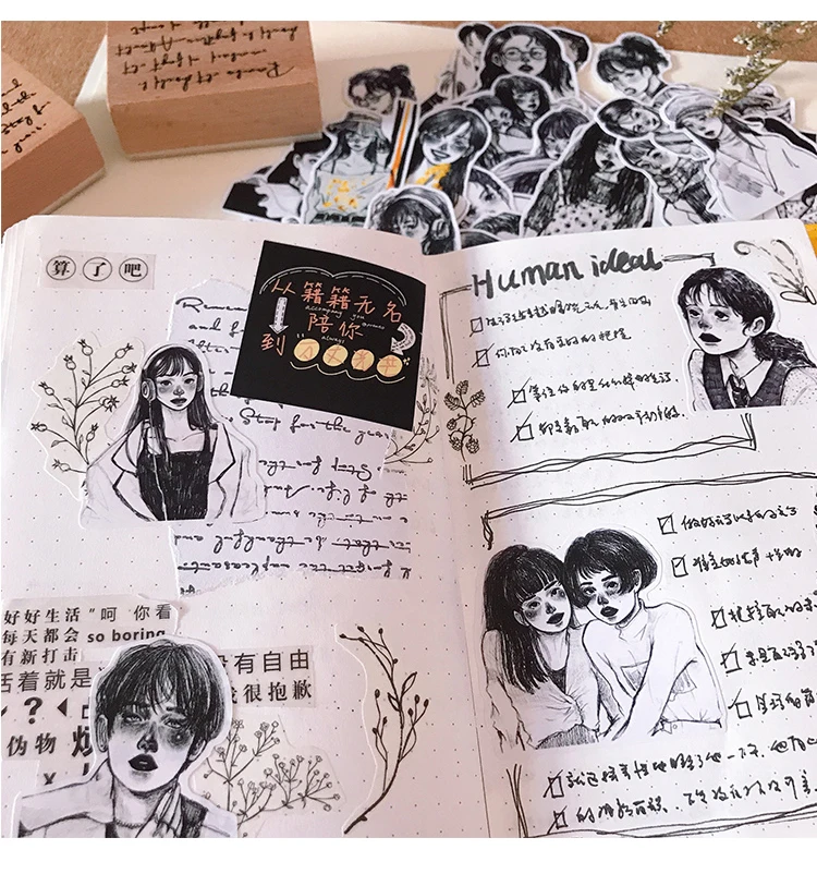 50pcs Ins Wind Japanese Girl Heart Stickers Black And White Salt Girl A Character Sketch Waterproof Hand Account Stationery
