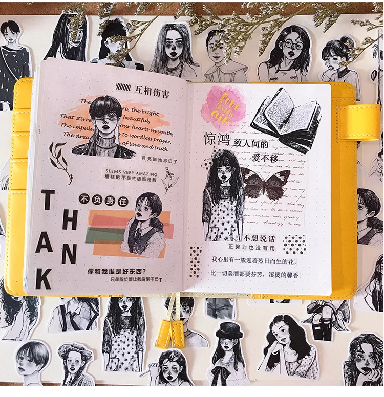 50pcs Ins Wind Japanese Girl Heart Stickers Black And White Salt Girl A Character Sketch Waterproof Hand Account Stationery