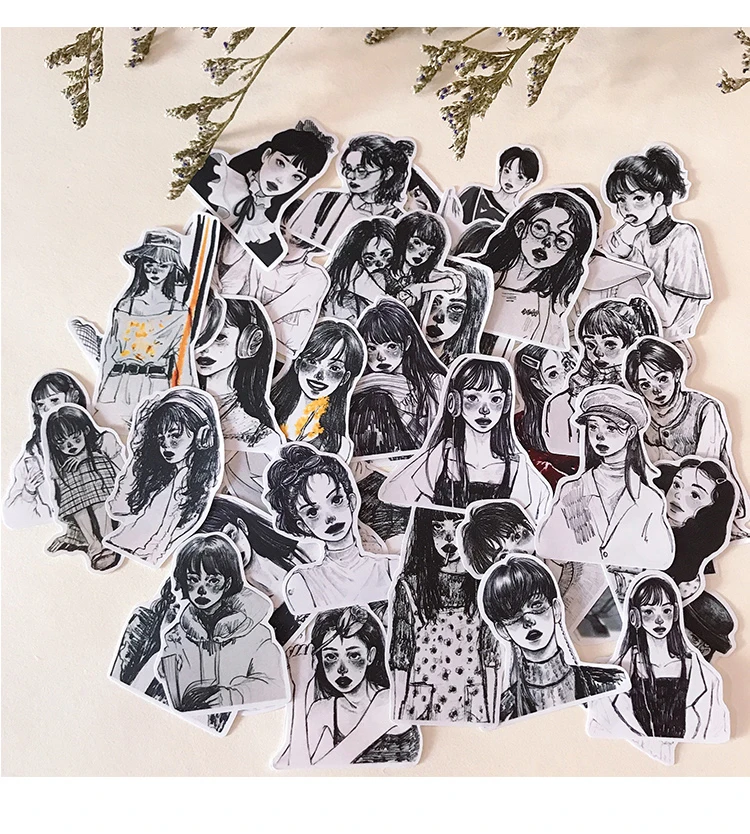 50pcs Ins Wind Japanese Girl Heart Stickers Black And White Salt Girl A Character Sketch Waterproof Hand Account Stationery