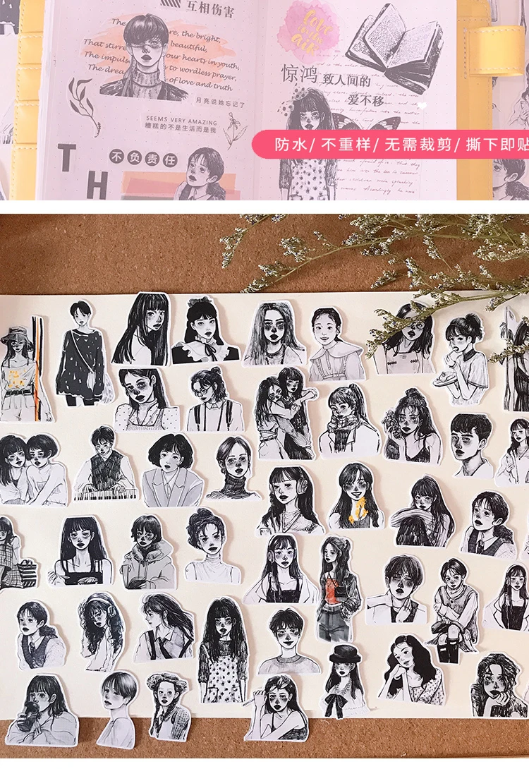 50pcs Ins Wind Japanese Girl Heart Stickers Black And White Salt Girl A Character Sketch Waterproof Hand Account Stationery