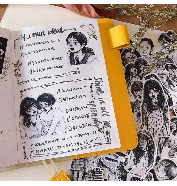 50pcs Ins Wind Japanese Girl Heart Stickers Black And White Salt Girl A Character Sketch Waterproof Hand Account Stationery