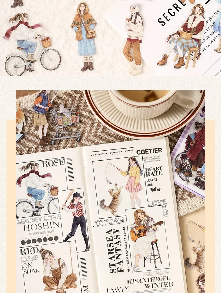 JIANWU Old Time Paper Series Vintage Girl Character Landscape Material Collage PET Sticker Creative DIY Journal Stationery