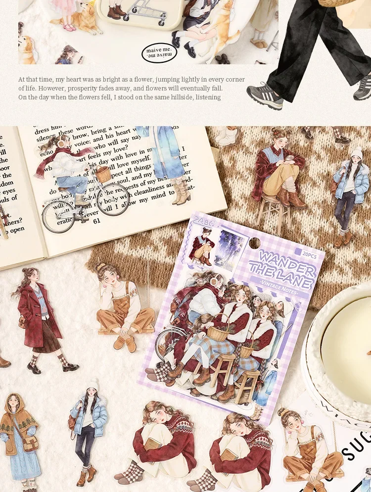 JIANWU Old Time Paper Series Vintage Girl Character Landscape Material Collage PET Sticker Creative DIY Journal Stationery
