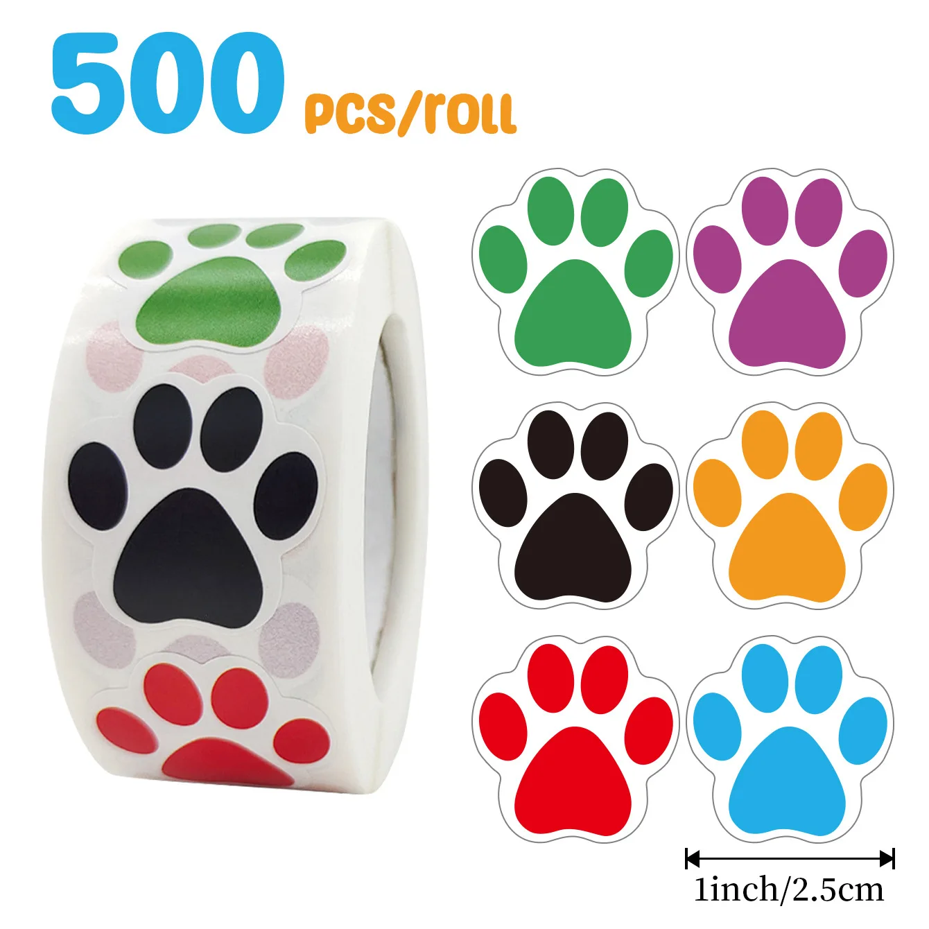 500 PCS Dog Paw Print Stickers,1 Inch Colorful/Black Dog Stickers For Kids,Self-Adhesive Puppy Paw Prints Stickers For Gifts