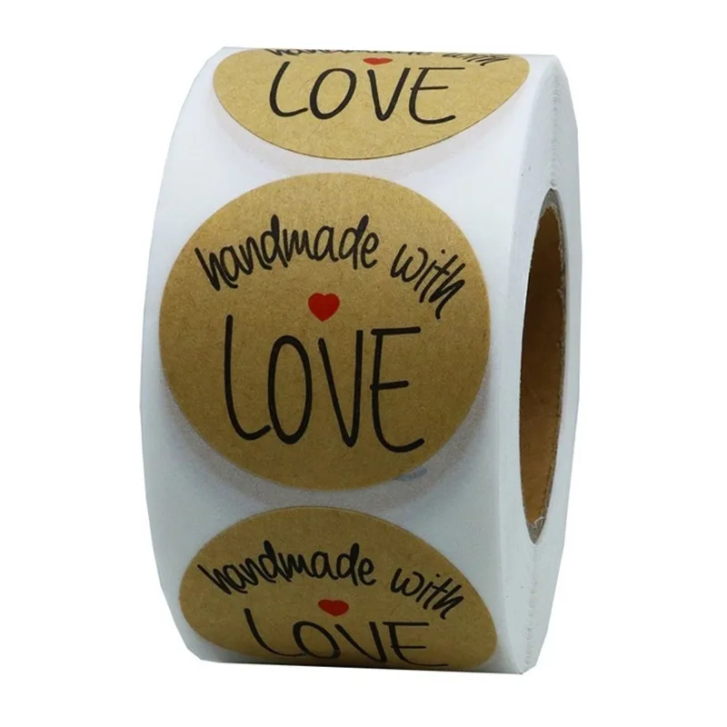 50-500pcs Handmade With Love Kraft Paper Stickers 25mm Round Adhesive Labels Baking Wedding Decoration Party Decoration Sticker