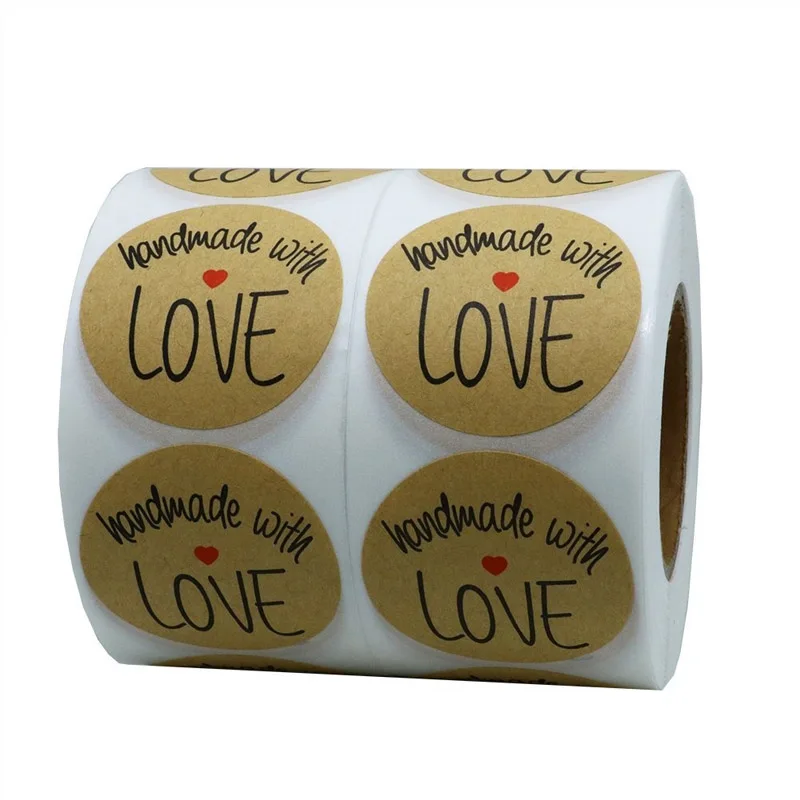 50-500pcs Handmade With Love Kraft Paper Stickers 25mm Round Adhesive Labels Baking Wedding Decoration Party Decoration Sticker