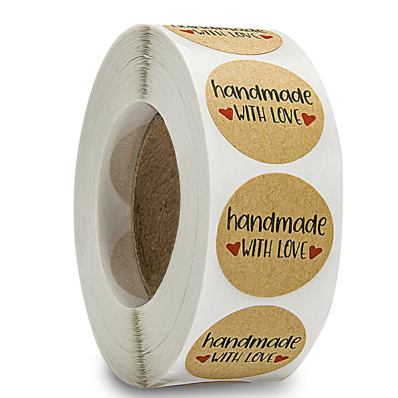 50-500pcs Handmade With Love Kraft Paper Stickers 25mm Round Adhesive Labels Baking Wedding Decoration Party Decoration Sticker