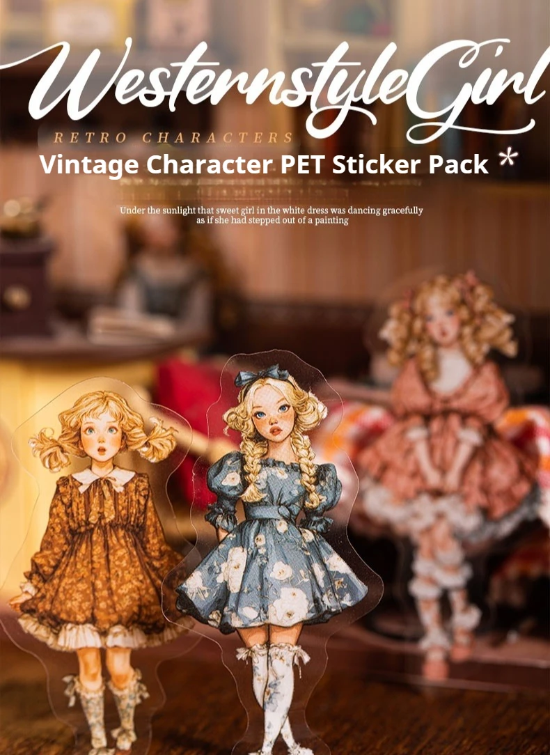 JIANWU Sweet Dress Girl Series Vintage Character Landscape Material Collage Scrapbooking PET Sticker Creative Journal Stationery