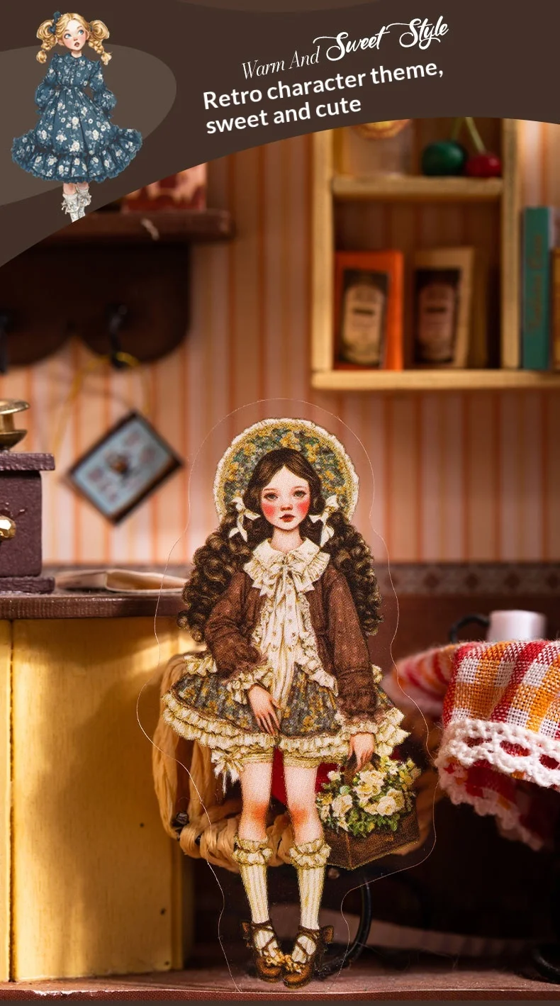 JIANWU Sweet Dress Girl Series Vintage Character Landscape Material Collage Scrapbooking PET Sticker Creative Journal Stationery