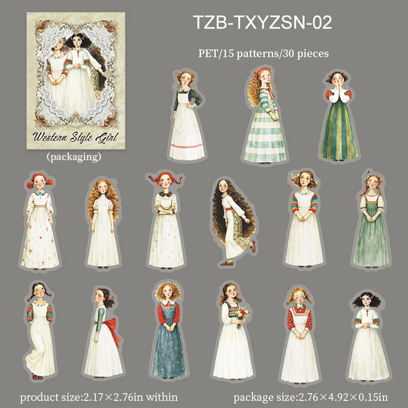 JIANWU Sweet Dress Girl Series Vintage Character Landscape Material Collage Scrapbooking PET Sticker Creative Journal Stationery