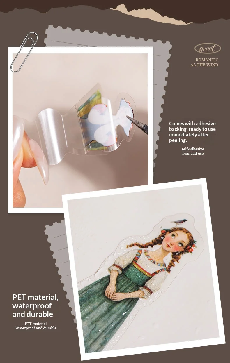 JIANWU Sweet Dress Girl Series Vintage Character Landscape Material Collage Scrapbooking PET Sticker Creative Journal Stationery