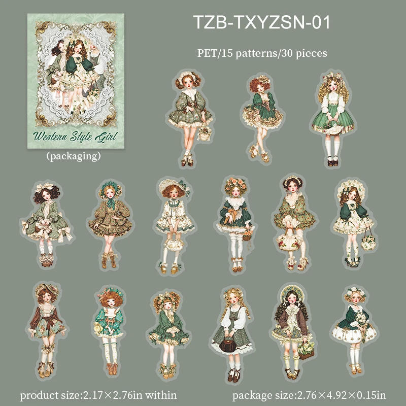 JIANWU Sweet Dress Girl Series Vintage Character Landscape Material Collage Scrapbooking PET Sticker Creative Journal Stationery