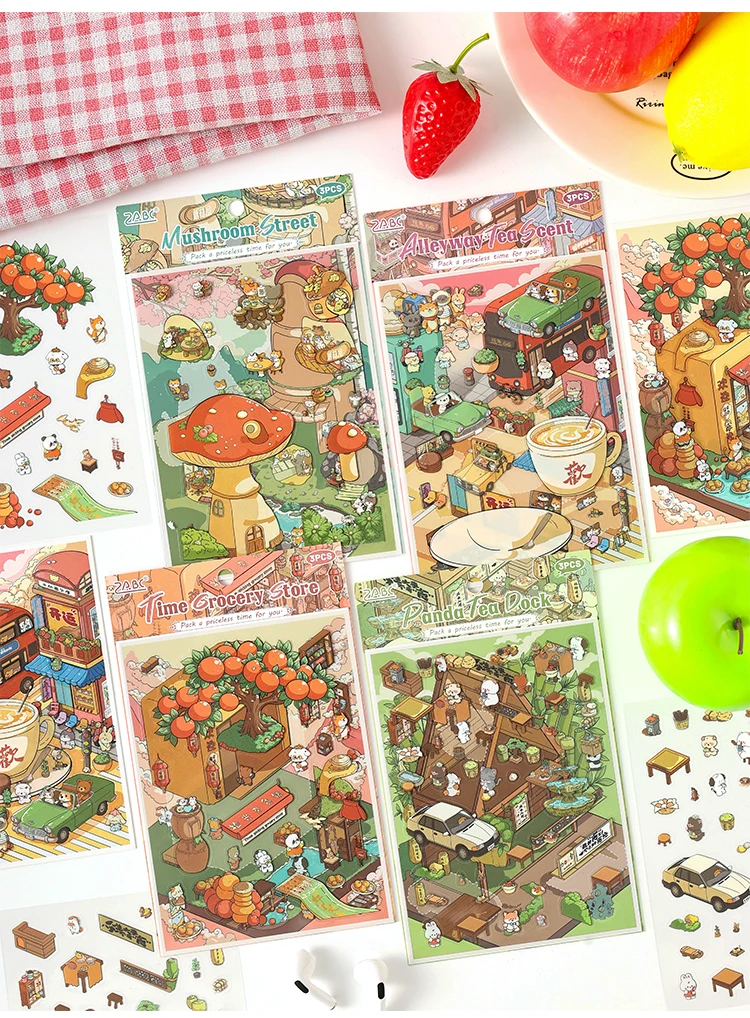 JIAMEI Kawaii 3D Miniature Scene Cartoon Pocket Cabin Landscape Stickers DIY Handmade Stacking Scrapbook Album Sticker