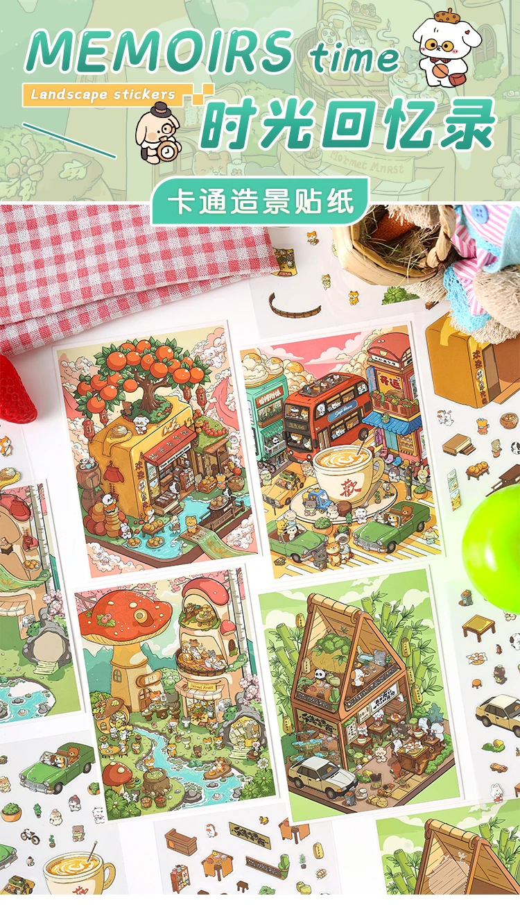 JIAMEI Kawaii 3D Miniature Scene Cartoon Pocket Cabin Landscape Stickers DIY Handmade Stacking Scrapbook Album Sticker