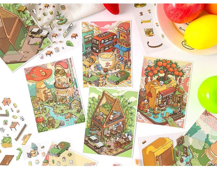 JIAMEI Kawaii 3D Miniature Scene Cartoon Pocket Cabin Landscape Stickers DIY Handmade Stacking Scrapbook Album Sticker