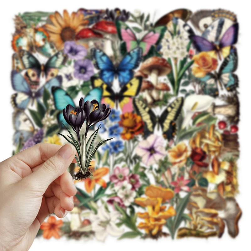 50PCS Retro Forest Mushroom Butterfly Graffiti Sticker Stationery Helmet Guitar Diary Water Bottle Transparent Waterproof Decals