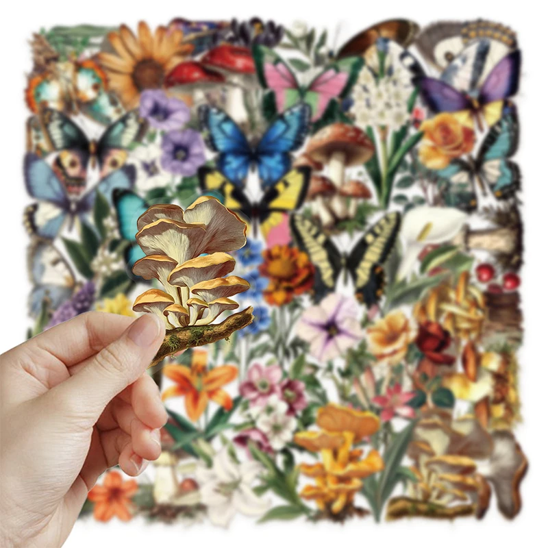 50PCS Retro Forest Mushroom Butterfly Graffiti Sticker Stationery Helmet Guitar Diary Water Bottle Transparent Waterproof Decals