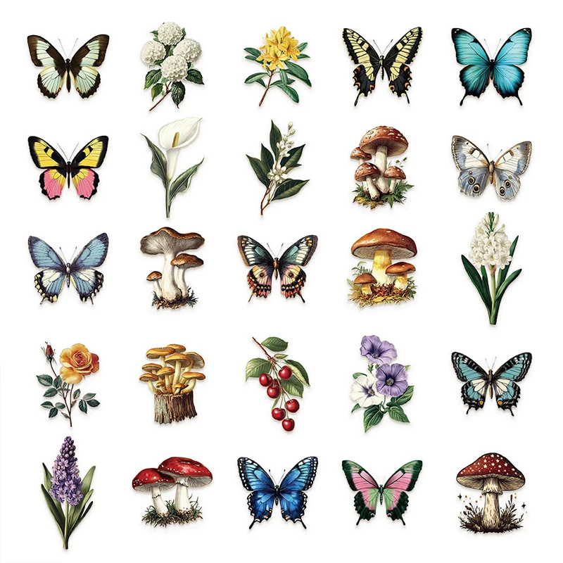50PCS Retro Forest Mushroom Butterfly Graffiti Sticker Stationery Helmet Guitar Diary Water Bottle Transparent Waterproof Decals
