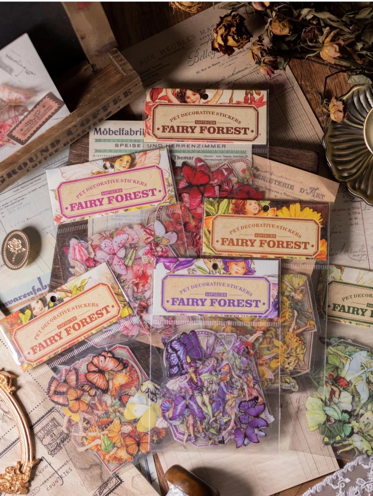 50pcs Fairy Tale Forest Series Retro Fairy Tale Handbook Decorative PET Stickers DIY Diary Scrapbook Aesthetic Stickers