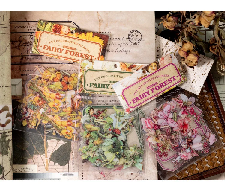 50pcs Fairy Tale Forest Series Retro Fairy Tale Handbook Decorative PET Stickers DIY Diary Scrapbook Aesthetic Stickers