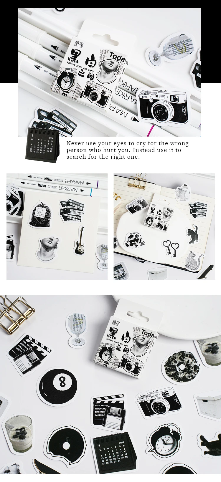 Etori Life 46pcs Vintage stickers in black and white DIY Decoration Student Stationery Notebook Diary Journal Stickers