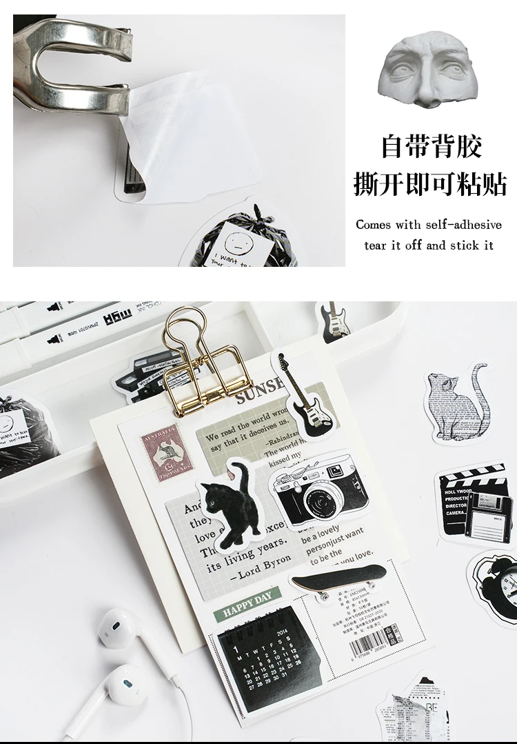 Etori Life 46pcs Vintage stickers in black and white DIY Decoration Student Stationery Notebook Diary Journal Stickers