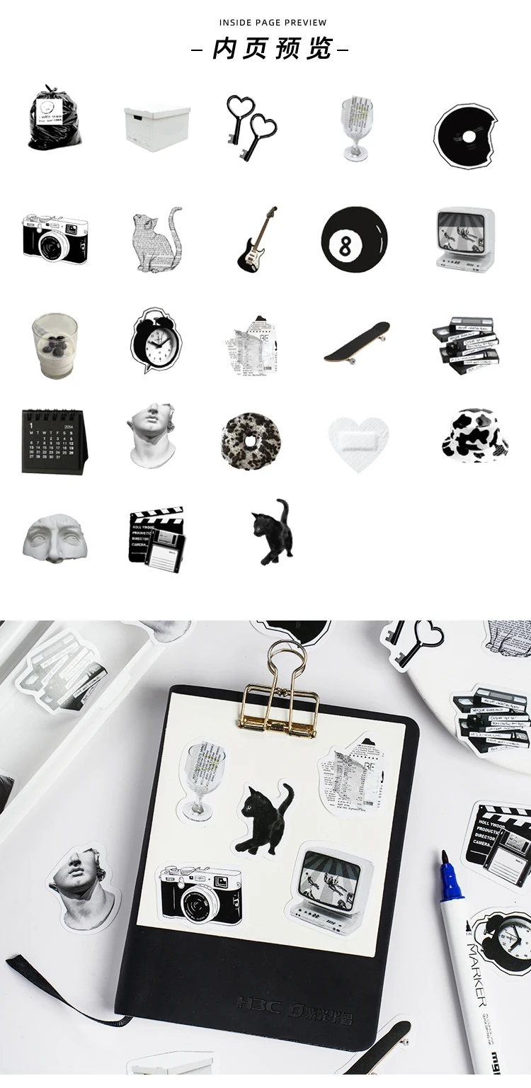 Etori Life 46pcs Vintage stickers in black and white DIY Decoration Student Stationery Notebook Diary Journal Stickers