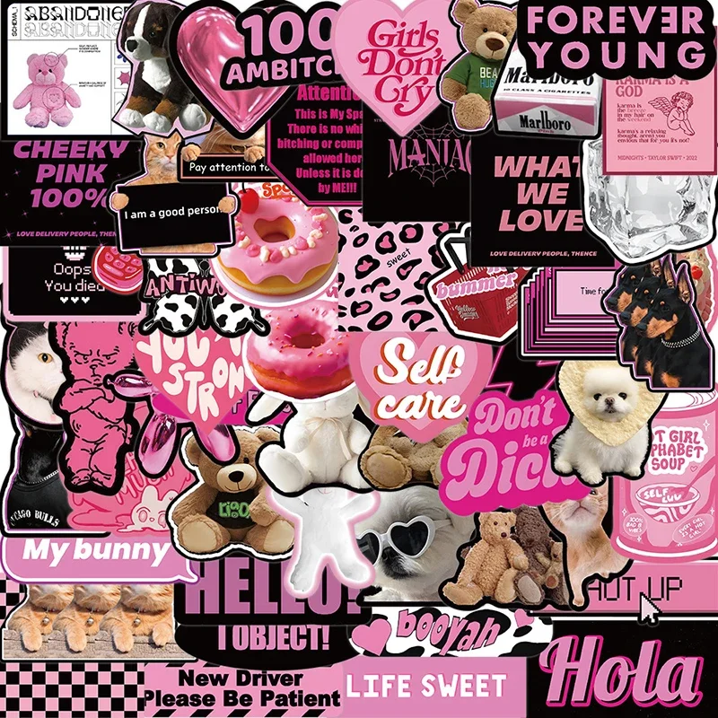 10/30/55PCS Cute Black Pink Word Decoration Scrapbooking PVC Sticker Aesthetic Stationery School Supplies