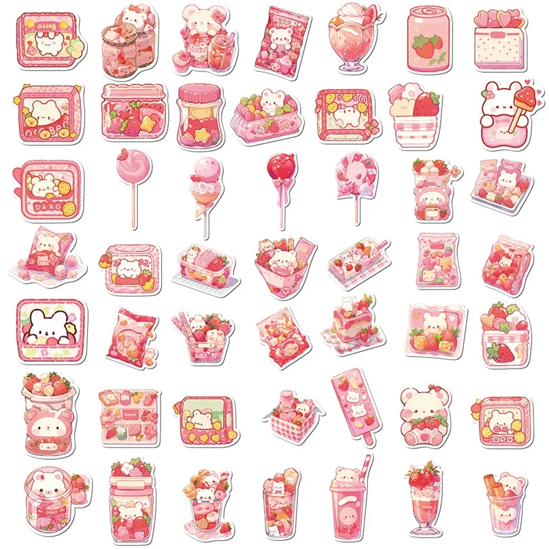 10/30/50PCS Cute Pink Food PVC Sticker Aesthetic Decoration Scrapbooking Korean Stationery Supplies