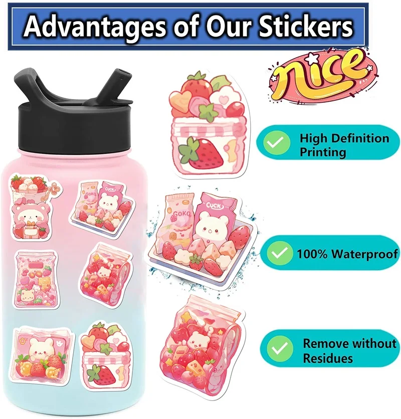 10/30/50PCS Cute Pink Food PVC Sticker Aesthetic Decoration Scrapbooking Korean Stationery Supplies