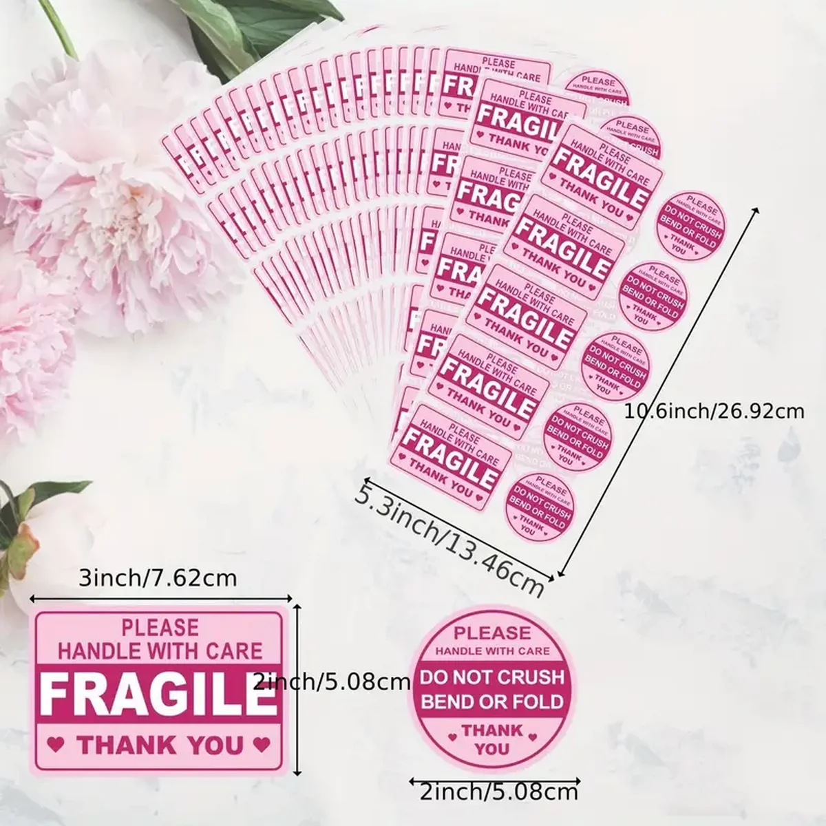 Fragile Handle with Care Stickers for Mailing Envelope Carton Tray - No Folding Adhesive Labels