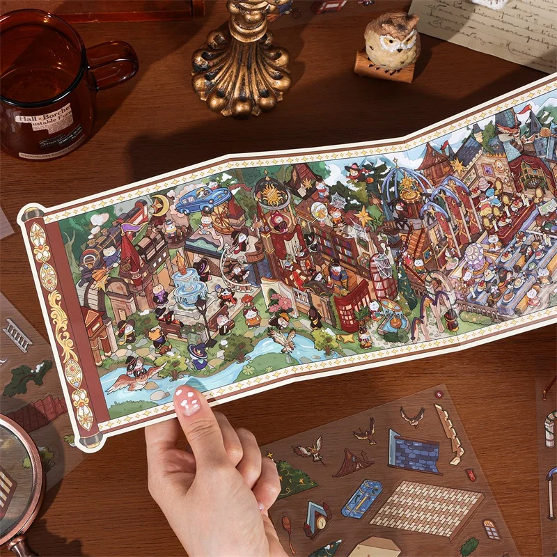 Retro Cartoon 3D Landscaping Stickers DIY Miniature Scene Magic Invitation Series Hand Account Cabin Scene Pasting