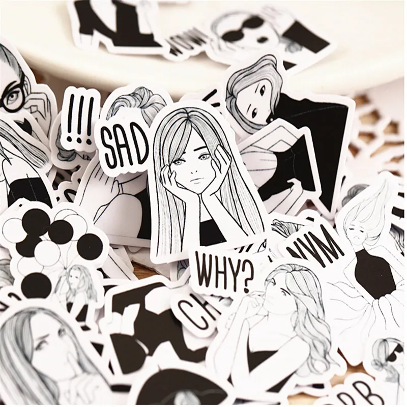40pcs Creative Cute Self-made Black And White Fashion Girl Scrapbooking /Decorative Sticker /DIY Craft Photo Albums