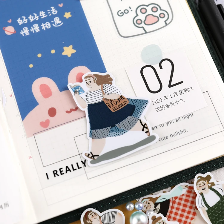 23pcs Fat Girl Daily Hand Account Cute Cartoon Sticker Hand Account Diy Album Waterproof Translucent Decorative Stickers