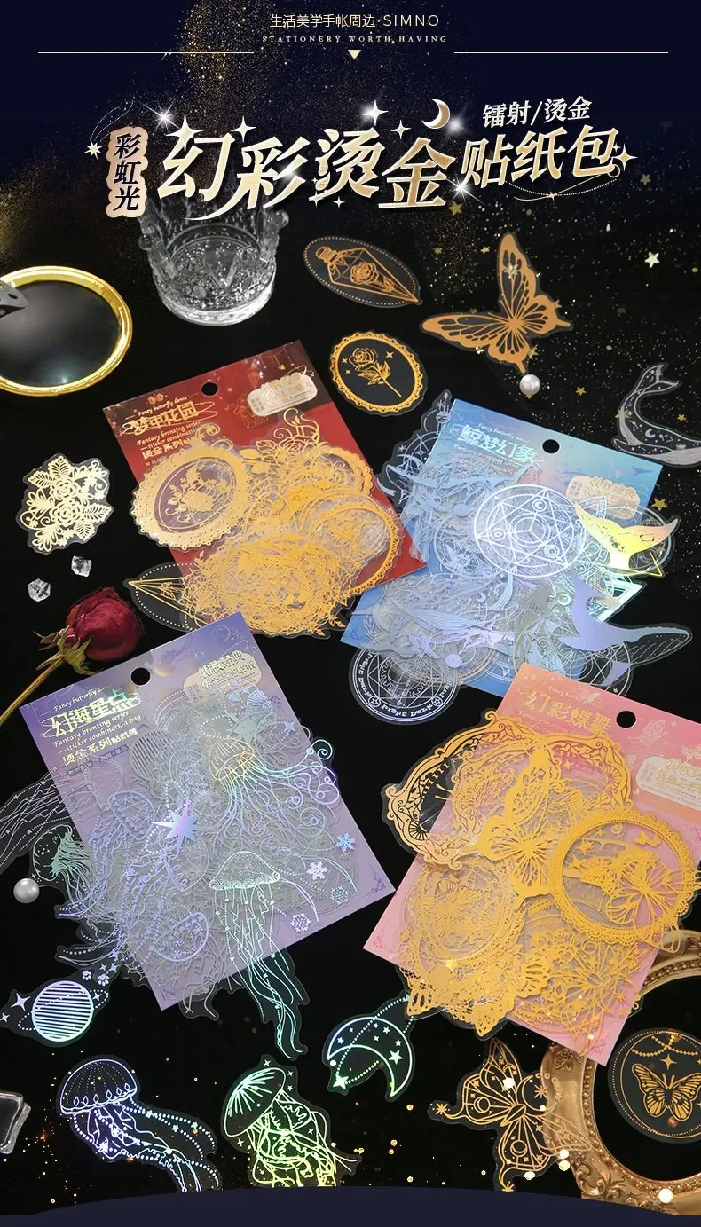 40 Pcs Holographic Glitter Stickers Set Jellyfish Whale Butterfly Waterproof Adhesive Decor for Scrapbook Journal