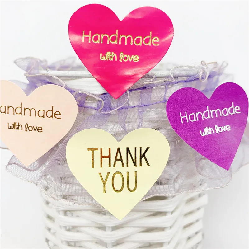 100pcs/lot Thank You Handmade Heart Design Bronzing Seal Multiple Colour DIY Multifunction Seal Sticker Gift Packaging Label