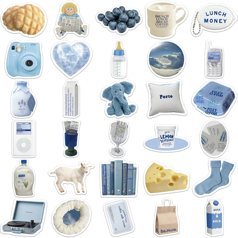 10/30/60PCS Cute Blue INS Sticker Aesthetic Sketchbook PVC Laptop Diary Decoration Scrapbooking School Stationery Supply