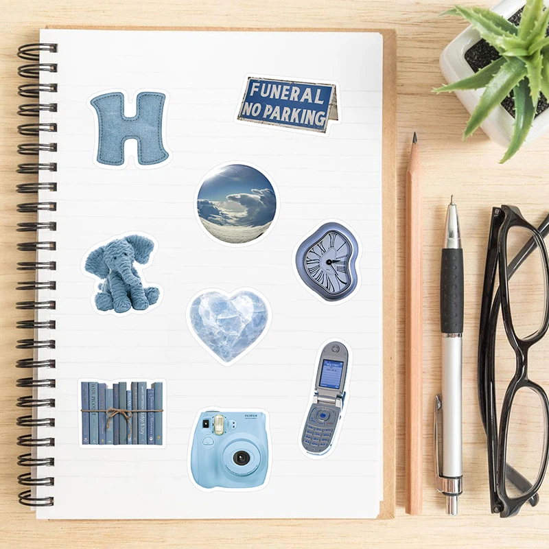 10/30/60PCS Cute Blue INS Sticker Aesthetic Sketchbook PVC Laptop Diary Decoration Scrapbooking School Stationery Supply