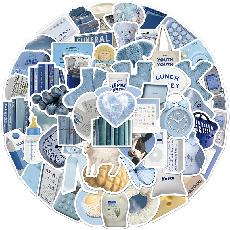 10/30/60PCS Cute Blue INS Sticker Aesthetic Sketchbook PVC Laptop Diary Decoration Scrapbooking School Stationery Supply