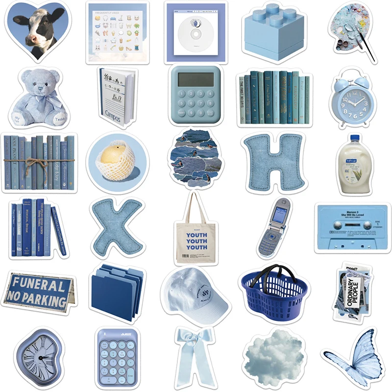 10/30/60PCS Cute Blue INS Sticker Aesthetic Sketchbook PVC Laptop Diary Decoration Scrapbooking School Stationery Supply
