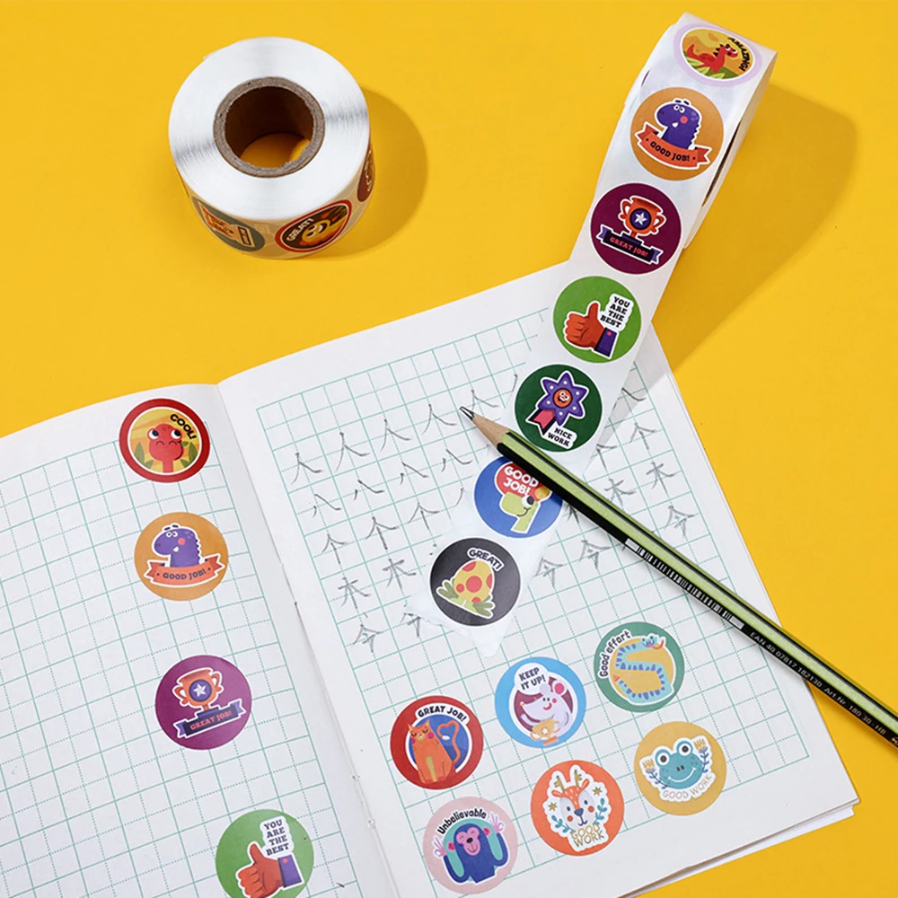 100-500 Pcs 1inch/2.5cm Animal Good Job Cool Stickers Roll for Envelope Praise Reward Student Work Label Stationery Seal Lable