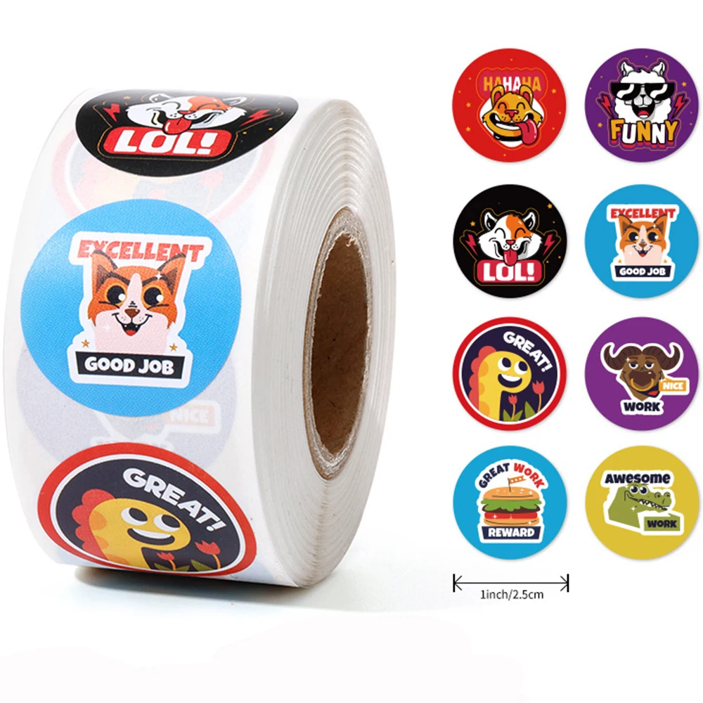 100-500 Pcs 1inch/2.5cm Animal Good Job Cool Stickers Roll for Envelope Praise Reward Student Work Label Stationery Seal Lable