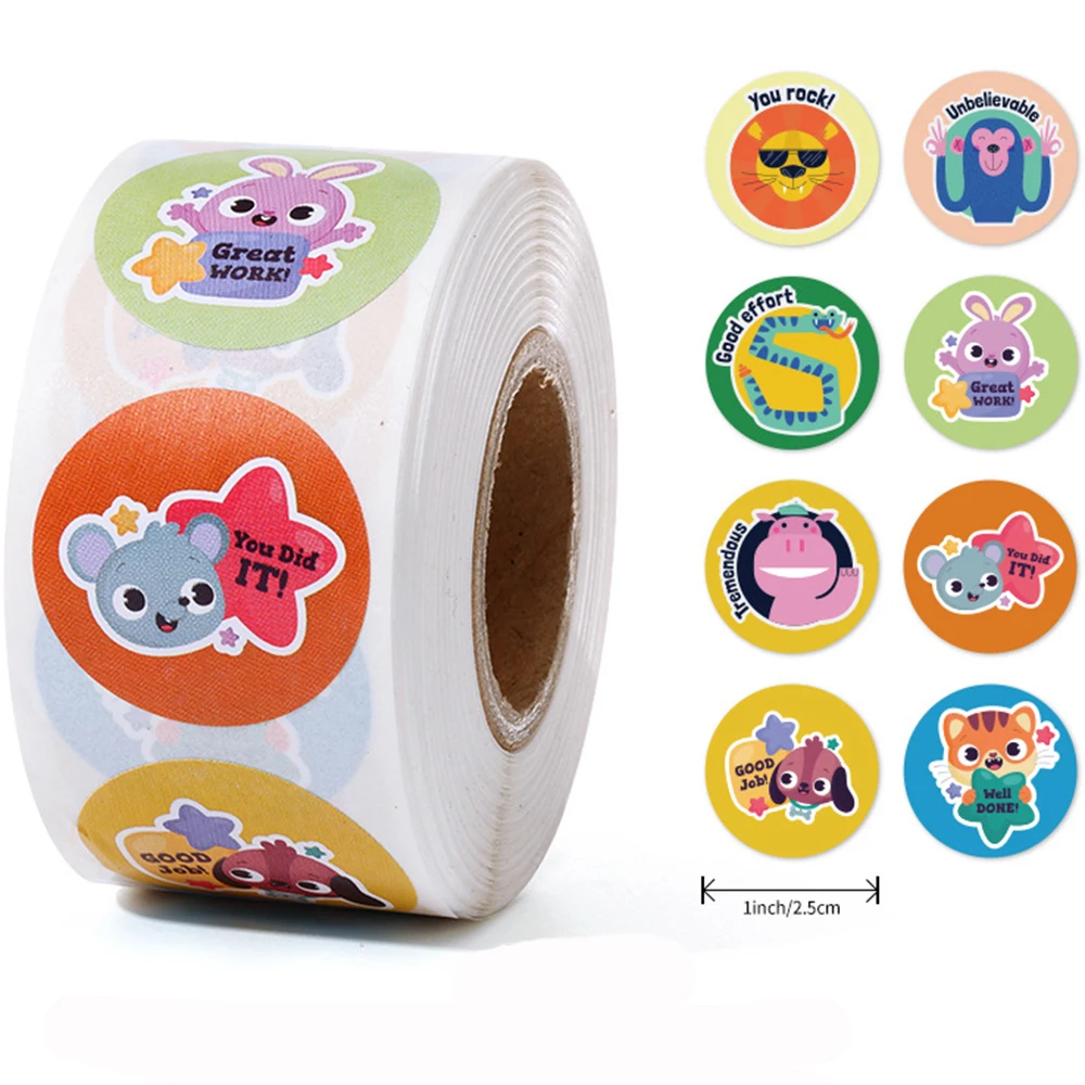 100-500 Pcs 1inch/2.5cm Animal Good Job Cool Stickers Roll for Envelope Praise Reward Student Work Label Stationery Seal Lable