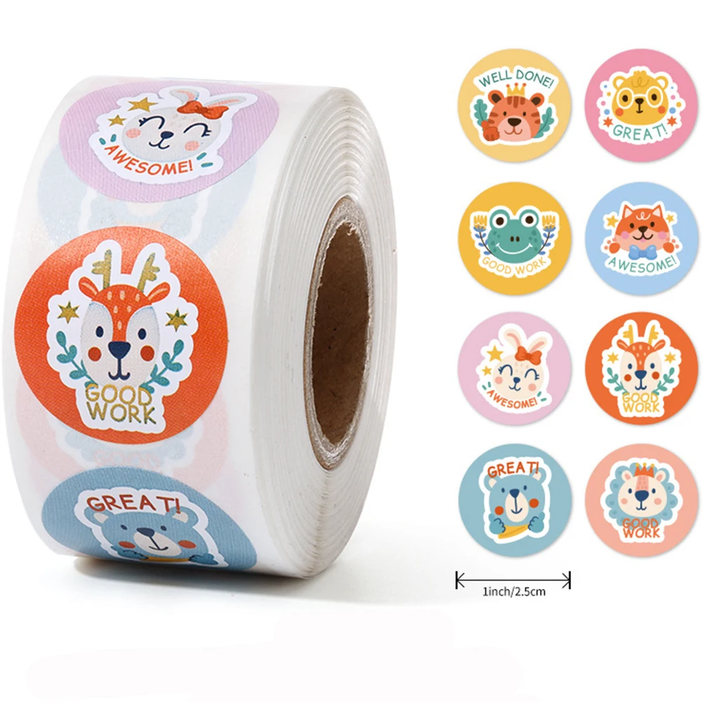 100-500 Pcs 1inch/2.5cm Animal Good Job Cool Stickers Roll for Envelope Praise Reward Student Work Label Stationery Seal Lable