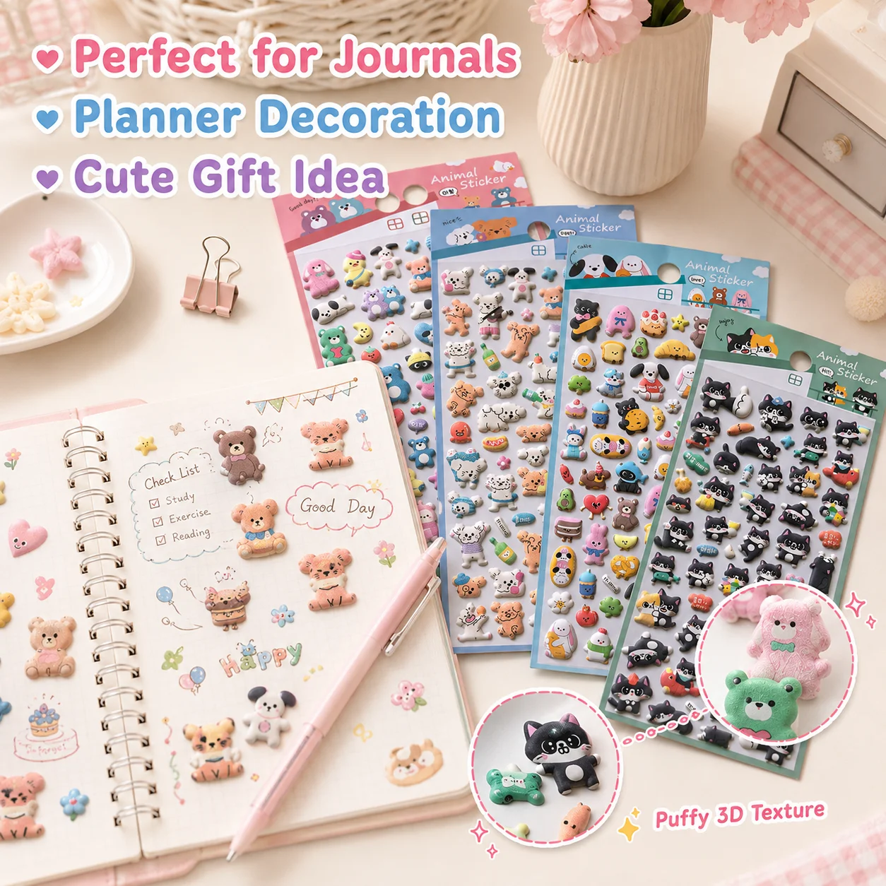 4 pcs Lovely Animals Friend Puppy 3D Puffy Stickers Diy Scrapbooking Journal Sticker Diary Stationery Sticker School Gifts