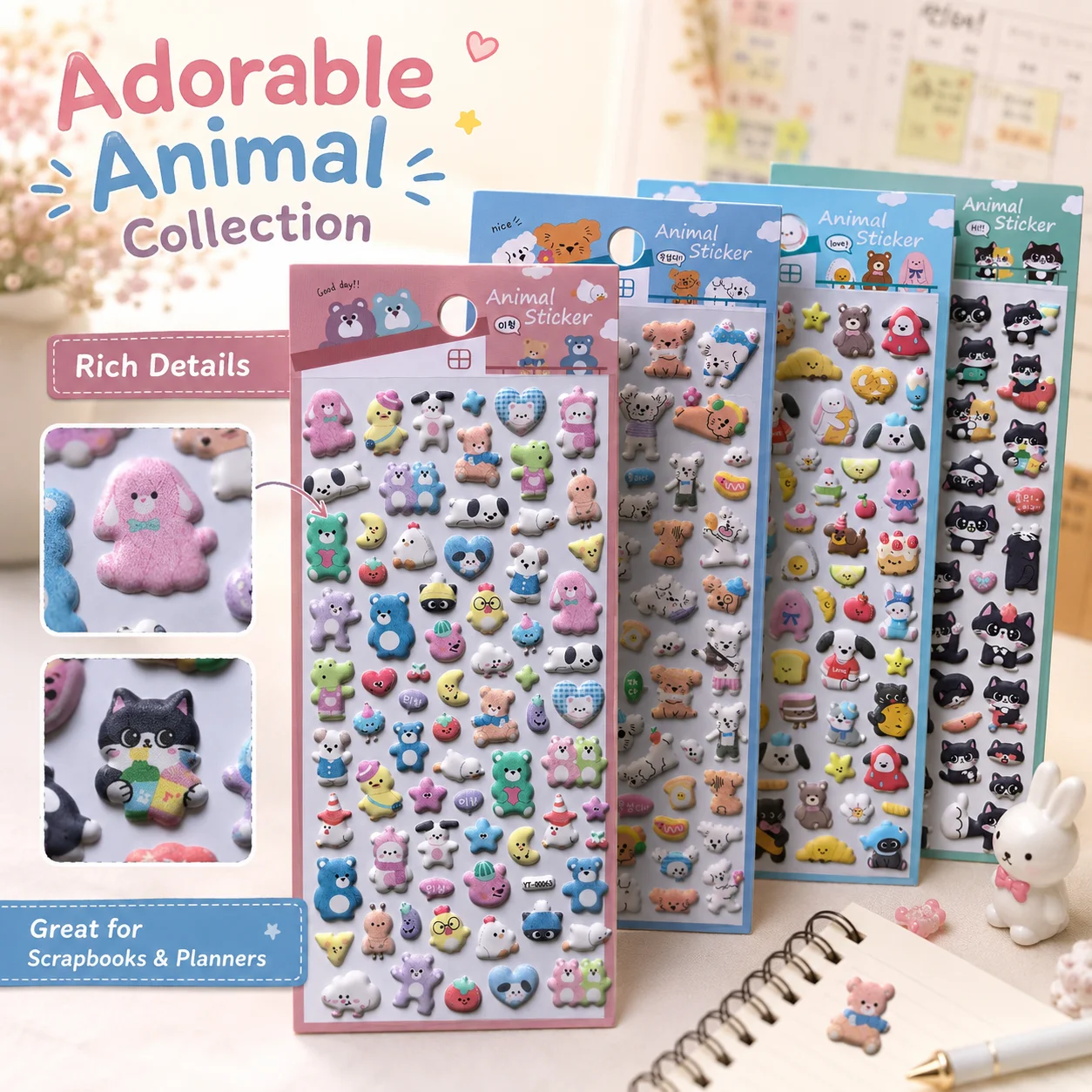 4 pcs Lovely Animals Friend Puppy 3D Puffy Stickers Diy Scrapbooking Journal Sticker Diary Stationery Sticker School Gifts
