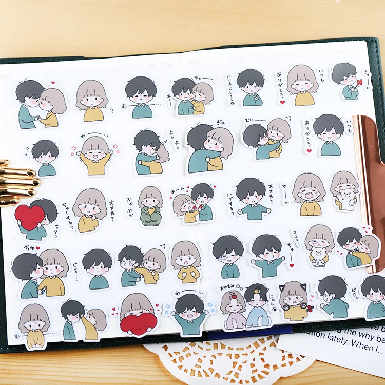 40pcs Handbook Cute Character Sticker Handbook Diy Photo Album Waterproof Translucent Decorative Stickers Sweet Couple