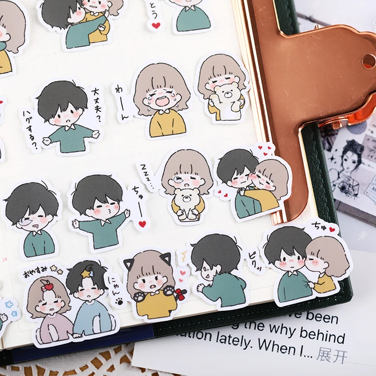 40pcs Handbook Cute Character Sticker Handbook Diy Photo Album Waterproof Translucent Decorative Stickers Sweet Couple