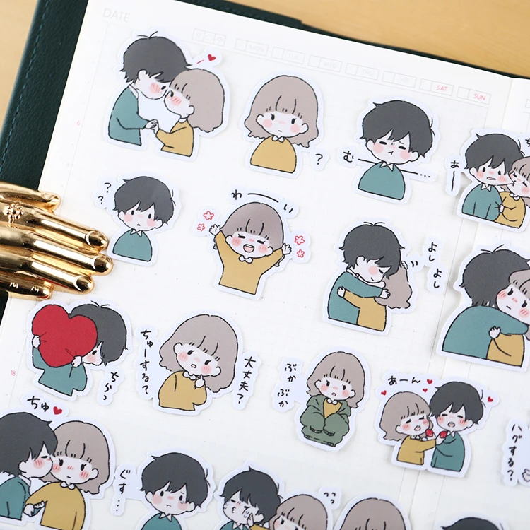 40pcs Handbook Cute Character Sticker Handbook Diy Photo Album Waterproof Translucent Decorative Stickers Sweet Couple