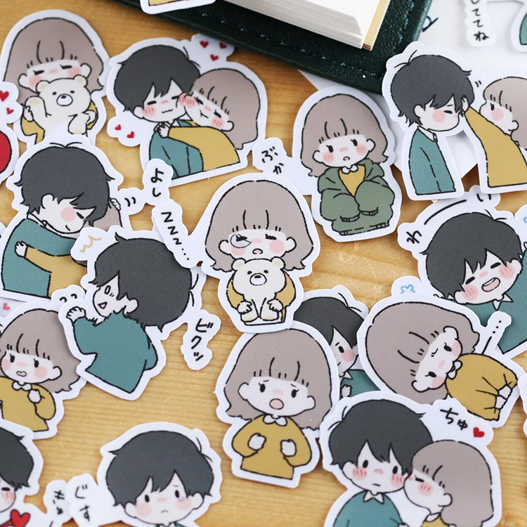 40pcs Handbook Cute Character Sticker Handbook Diy Photo Album Waterproof Translucent Decorative Stickers Sweet Couple